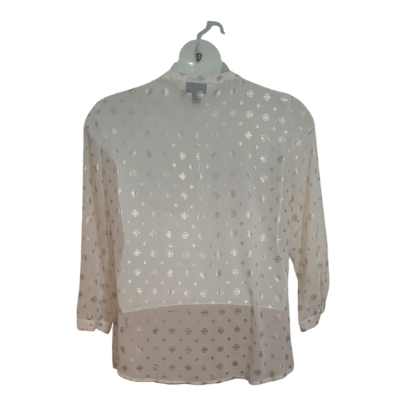 Liz Claiborne career large cream gold print sheer button up shirt top blouse - Picture 5 of 5